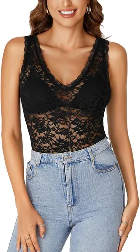 Vista 2 de Rooscier - Blusa sin mangas para mujer, con encaje floral, cuello en V, con volantes, transparente, sin sujetador