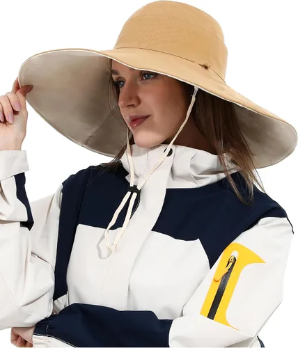 Vista 2 de Sombrero de pescador de algodón para mujer, reversible, de ala ultra ancha, plegable, protección UV, verano, viajes, UPF 50+ Caqui