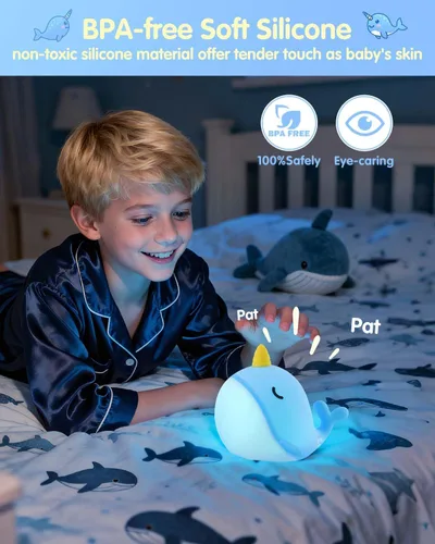 Vista 9 de Fuloon Narwhal - Luz nocturna con forma de ballena, lámpara de silicona blanda para niños, control táctil seguro y relajante para niños y bebés