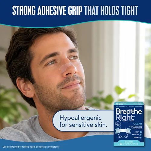 Vista 14 de Breathe Right Tiras nasales transparentes grandes, 30 unidades (el embalaje puede variar) Opens nose and increases nasal airflow, helps reduce