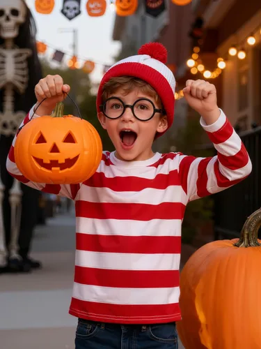 Vista 7 de URATOT Conjunto de disfraz de Halloween para niños, camiseta a rayas rojas y blancas, gorro, gafas de nerd