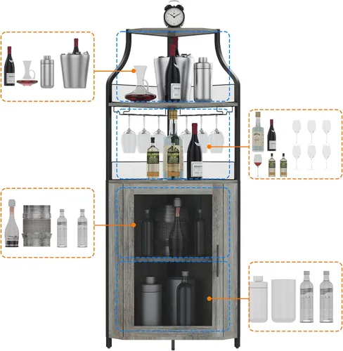 Vista 5 de GAOMON Armario esquinero para bar de vinos con estante desmontable para vinos, armario de bar con soporte para vidrio, aparador pequeño y gabinete