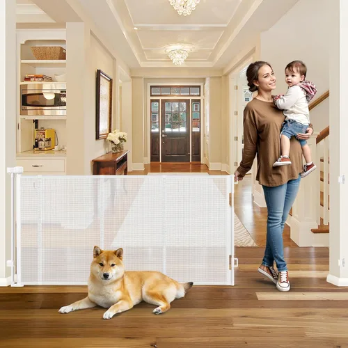 Vista 13 de Puertas de bebé extra anchas de 100 pulgadas para gran apertura, puerta retráctil para interiores para perros, puertas para cachorros para la casa
