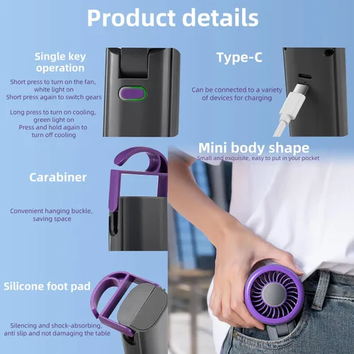Vista 7 de Ventilador turbo portátil de mano, mini ventilador plegable, ventiladores pequeños, colgar el cuello, batería recargable, 5 ajustes de velocidad