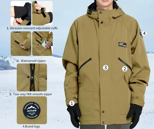 Vista 4 de Actleis - Chaqueta impermeable para hombre de snowboard, cálida, cortavientos, para invierno, con capucha