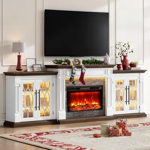 Vista 13 de Soporte de TV con chimenea de 72 pulgadas con toma de corriente y LED, chimenea eléctrica con repisa, centro de entretenimiento con almacenamiento