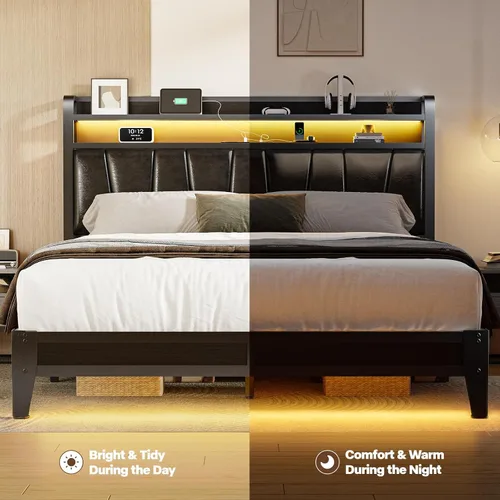 Vista 6 de Base de cama de tamaño matrimonial con estantes de almacenamiento de 2 niveles, marco de cama LED con cabecera de piel sintética, cama de plataforma