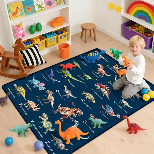 Vista 9 de Alfombra de 4 x 6 pies con dinosaurios para niños, alfombra educativa del ABC para sala de juegos, alfombras de juego para habitación de niños
