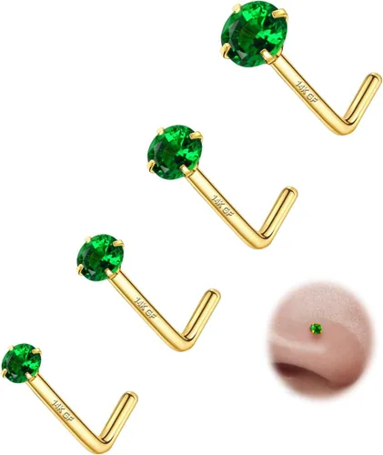 Vista 12 de 4 piezas de anillos de nariz de 20G bañados en oro de 14K para mujeres y hombres, anillos de nariz en forma de L, joyería hipoalergénica