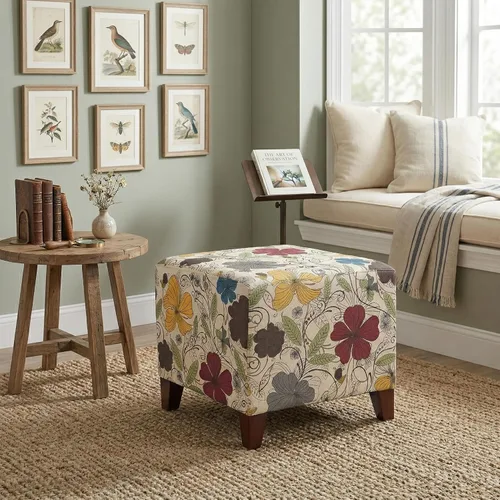 Vista 7 de Joveco Reposapiés otomano cuadrado de 16.3 pulgadas, moderno taburete de tela de lino floral con patas de madera maciza, banco de zapatos tapizado