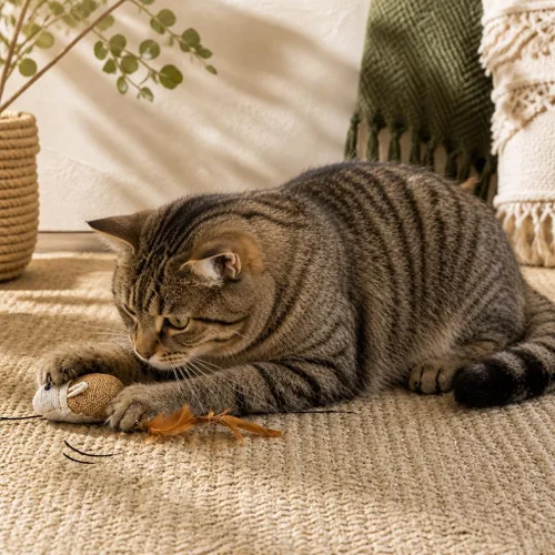 Vista 6 de Juguetes de varita de gato gatito, sisal con ratón, campana, pluma, cuerda elástica, palo de madera resistente, diversión interactiva, ratones