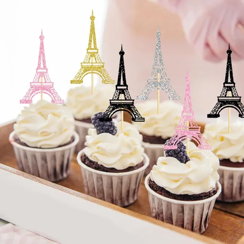 Vista 4 de 24 adornos para cupcakes de la Torre Eiffel, purpurina de doble cara Decoración para tartas de París, decoraciones de fiesta temática de París