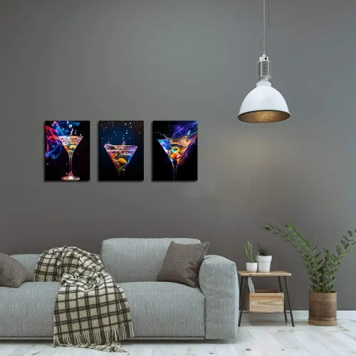Vista 3 de Biuteawal - 3 piezas de arte de pared colorido vino espumoso, pintura sobre lienzo, bebidas de vino, impresión artística para decoración de fiestas
