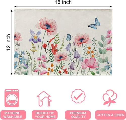 Vista 2 de Seliem Juego de 4 manteles individuales de flores de anémona de primavera, acuarela, rosa, floral, mariposa, comedor, decoración del hogar, cocina
