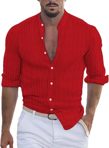 Vista 28 de Camisa de lino de algodón para hombre, manga larga con botones, cuello alto con bandas para playa y verano