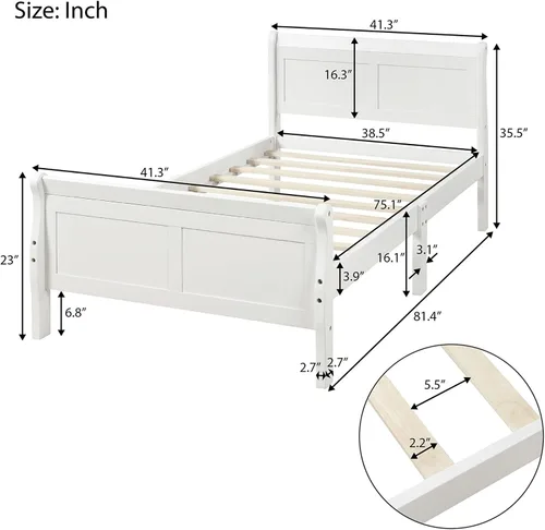 Vista 2 de Merax Base de cama de plataforma de madera, base de cama individual, base de colchón con cabecero, estribo, soporte de listones de madera