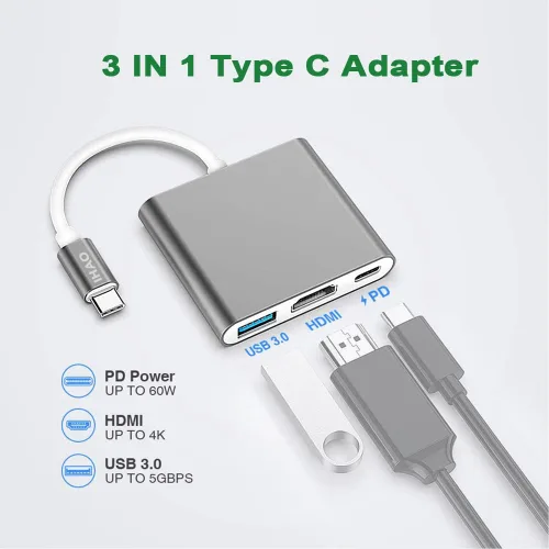 Vista 2 de IHAO 3IN1 Multi Puertos Dongle USB Tipo C a HDMI 4K HD/USB 3.0 Transferencia rápida de datos 5GBPS/PD 100W Adaptador USB C Cubierta de aluminio
