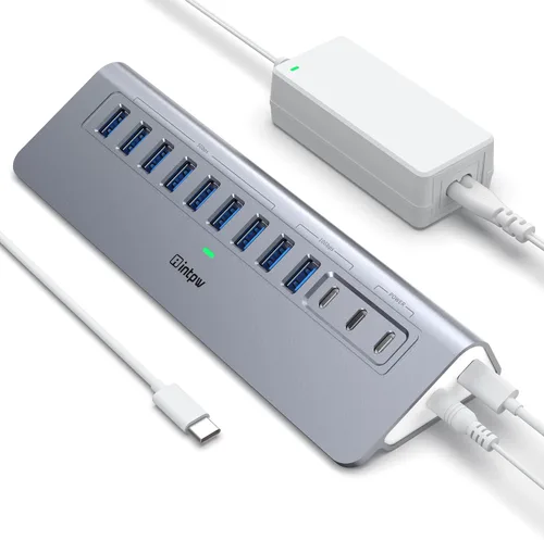 Vista 14 de Concentrador USB alimentado de 10 Gbps, intpw de 9 puertos USB 3.2, concentrador USB C con USB A/USB C 3.2, 4 USB 3.0, 2 puertos de carga PD de 45