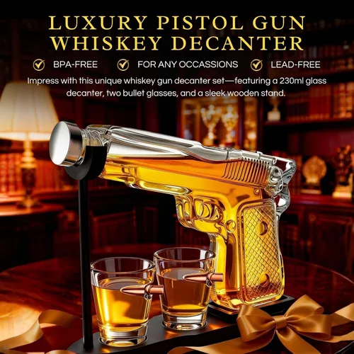 Vista 3 de Juego de decantador de pistola de whisky + 2 vasos bala - Regalos de pistola de Navidad y cumpleaños para hombres que lo tienen todo, regalos