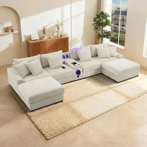 Vista 16 de MAKIAAP Sofá modular de pana de 83 pulgadas con altavoces, cómodo sofá biplaza de asiento profundo con otomana móvil, consola, cargador USB, Beige
