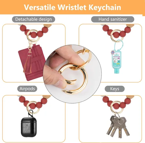 Vista 5 de Cartera llavero pulsera para mujer, delgado RFID tarjeta de crédito, monedero, borla llavero brazalete para hombres y mujeres, Carmesí, Rfid