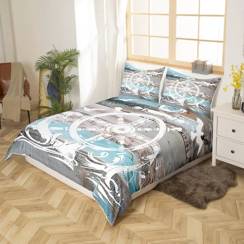 Vista 3 de Erosebridal Funda de edredón de ancla náutica, juego de ropa de cama con brújula oceánica, tamaño individual para niños, adolescentes, adultos