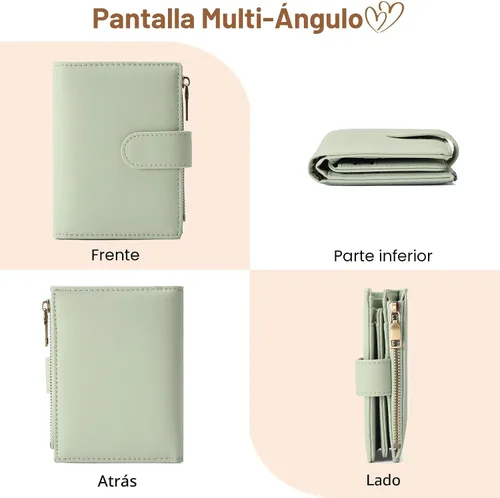 Vista 5 de GAEKEAO Cartera pequeña de cuero vegano con bloqueo RFID plegable para mujer, tarjetero compacto con bolsillo con cremallera y ventana