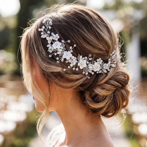 Vista 6 de Gorais - Enredadera de flores para novia con cristales, accesorios de boda con perlas para el cabello de mujeres y niñas Accesorio para el cabello