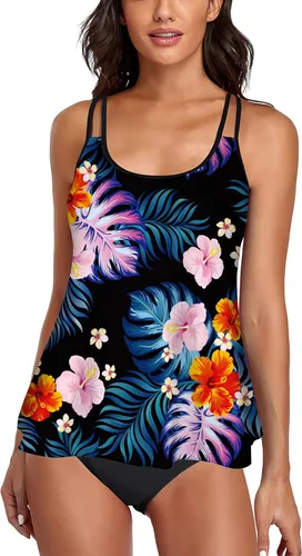 Vista 24 de Omichic Conjuntos de tankini modestos para mujer, trajes de baño atléticos de 2 piezas, camiseta sin mangas fluida con parte inferior de bikini
