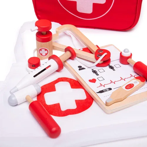 Vista 3 de Bigjigs Toys Juego de médicos para niños, juego de médicos de madera de 10 piezas con estetoscopio para niños, termómetro, medicina y más en estuche