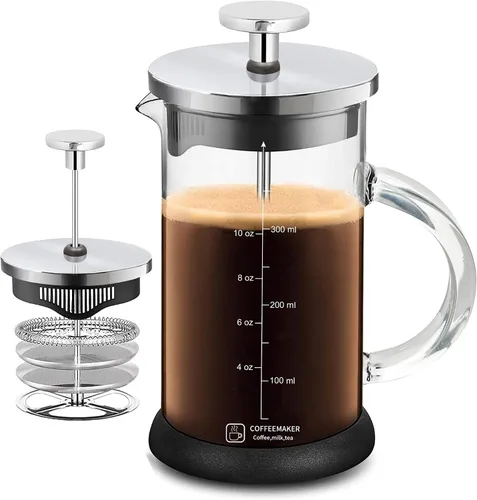 Vista 11 de YMMIND Cafetera de prensa francesa de 12 onzas, cafetera de té espresso con sistema de 4 filtros, émbolo de acero inoxidable y vidrio de Negro