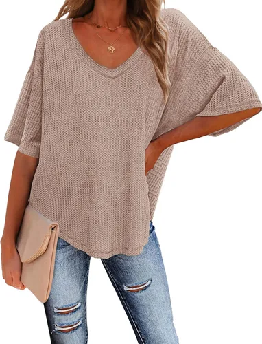 Vista 2 de MEROKEETY - Blusa de media manga con cuello en V, punto gofre y alas de murciélago para mujer, camiseta suelta de color sólido