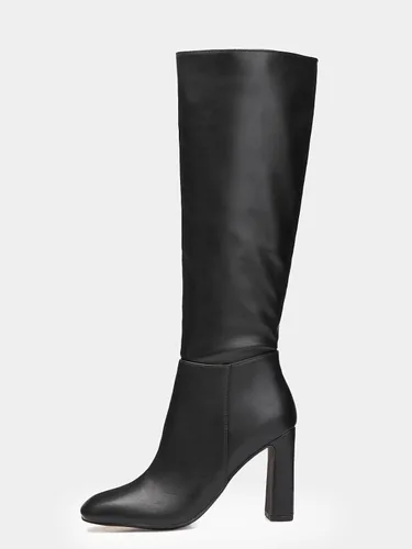 Vista 5 de Coutgo Botas altas de tacón grueso para mujer, botas altas clásicas de cuero con punta cuadrada con cremallera