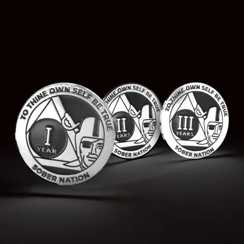 Vista 2 de MYRECOVERYSTORE Silver and Black Pirate Alcohólicos Anónimos AA Chip w/Moneda Cápsula AA Medallón Anual 1-50 años