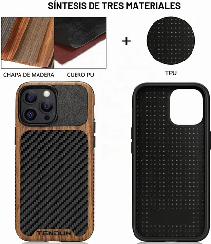 Vista 2 de TENDLIN Compatible con iPhone 13 Pro Max, funda de grano de madera con textura de fibra de carbono, funda híbrida de cuero compatible con iPhone 13