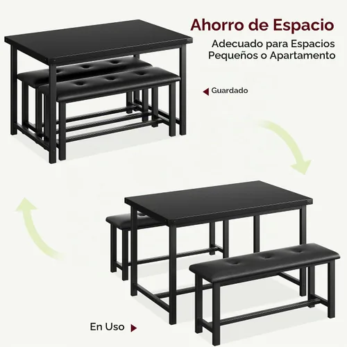 Vista 7 de Juego de mesa de comedor IDEALHOUSE para 4, mesa de cocina con banco tapizado, juego de mesa de comedor rectangular de 3 piezas con 2 bancos