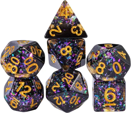 Vista 7 de Juego de dados de resina para DND, juego de 7 dados poliédricos negros D&D rellenos con papel de colores brillantes para juegos de rol