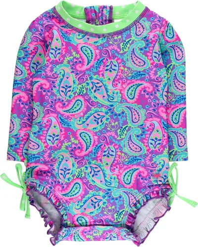Vista 11 de RuffleButts - Traje de baño de una pieza con protección solar UPF 50+, camiseta de protección floral estampado, manga larga, con cierre zipper