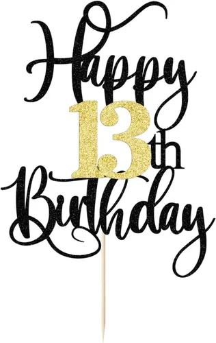 Vista 2 de Decoración para pastel de cumpleaños número 13 con destellos negros y dorados para tartas de 13 años, decoración para pastel de 13 años, decoración