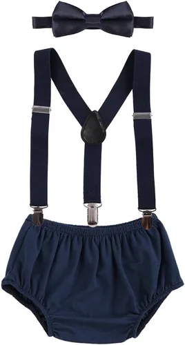 Vista 14 de Conjunto de ropa para festejar el primer cumpleaños de bebés, calzón pañalero con tirantes y corbata de moño. Beige & Blue