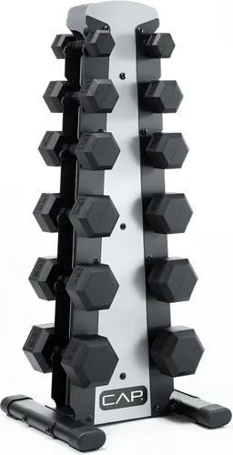 Vista 24 de CAP Juego de mancuernas hexagonales con revestimiento de goma con estante de almacenamiento, opciones de 100 a 210 libras, almacenamiento compacto
