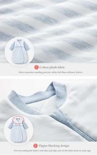 Vista 2 de Saco de dormir orgánico para bebé, manta de manga desmontable, azul, doble capa para 68-77℉