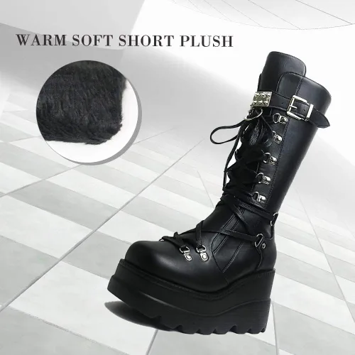 Vista 6 de CELNEPHO - Botas para mujer, estilo de combate, punk, de plataforma alta, hasta mitad de la pantorrilla, de cuña, con tacones altos y gruesos