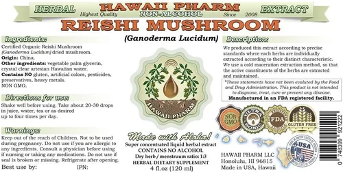 Vista 2 de Hawaii Pharm Reishi Extracto líquido sin alcohol, tónico de emperadores, grado profesional, hongos Reishi hechos a mano en lotes pequeños