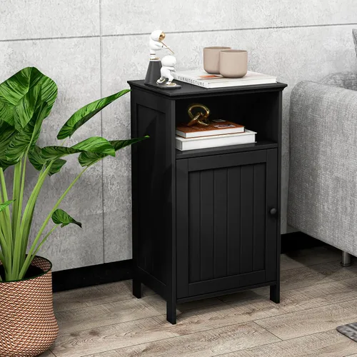 Vista 8 de Giantex Armario de almacenamiento de piso de baño, gabinete lateral con compartimento abierto, estante ajustable de 3 posiciones, base elevada