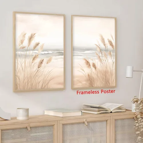 Vista 3 de BACKYMRJCART Arte de pared de paisaje de playa, naturaleza, paisaje marino, imagen de playa, bohemio, impresiones costeras, lienzo botánico, beige