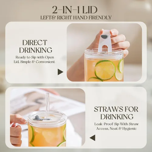 Vista 8 de KEMORELA Paquete de 2 vasos de vidrio acanalado de 26 onzas con asa y tapa, grandes tazas de café helado estéticas con pajitas, tazas de vidrio