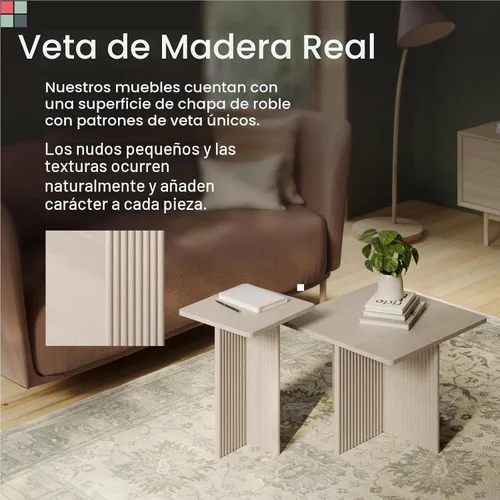 Vista 6 de Stead Juego de mesa auxiliar cuadrada anidable, mesa central con base de roble acanalado para sala de estar, juego de conjunto de chapa de grano