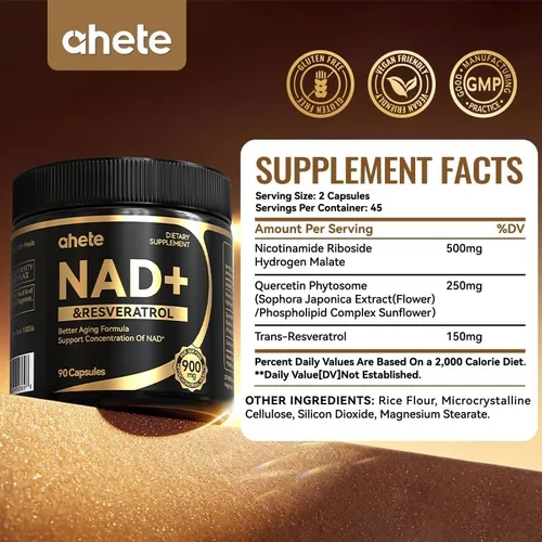 Vista 3 de Suplemento de resveratrol NAD, apoya la energía, la concentración y el envejecimiento saludable, suplemento de 900 mg de NMNH por porción, 90