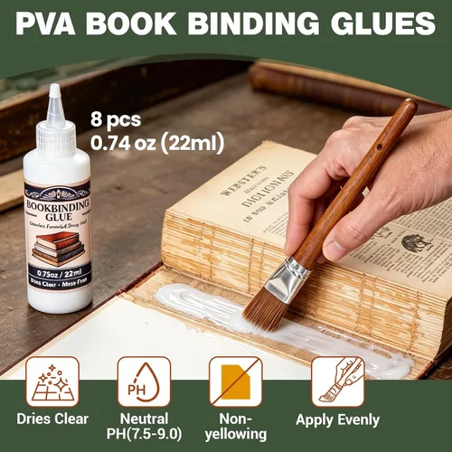 Vista 2 de Pegamento para encuadernación de libros de 0.74 onzas con cepillo, adhesivo neutro PH PVA, pegamento para libros, se seca transparente y permanece
